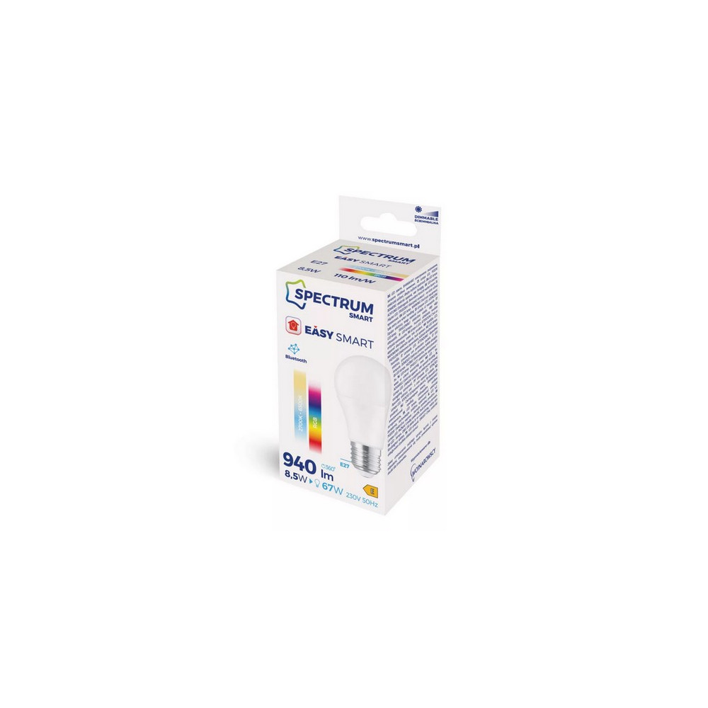 SpectrumLED Easy Smart 8,5W szabályozható, CCT, RGBW, bluetooth okos E27 LED körte izzó WOJ14628