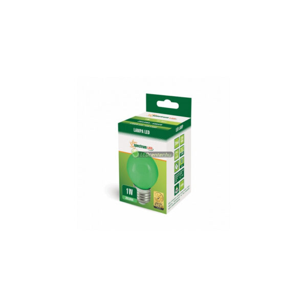 SpectrumLED 1W E27 színes LED kisgömb izzó, zöld