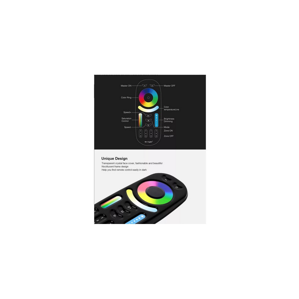 MiLight-MiBoxer RGB+CCT RF 4 zónás fekete távirányító FUT092B