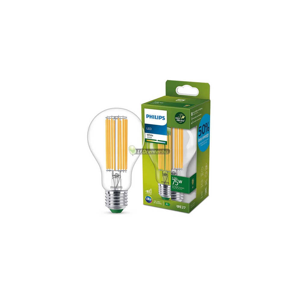 Philips-Ultraefficient-5-2w-75w-melegfeher-1.jpg PHILIPS ultrahatékony E27 körte 5,2W melegfehér LED izzó, 75W kiváltása