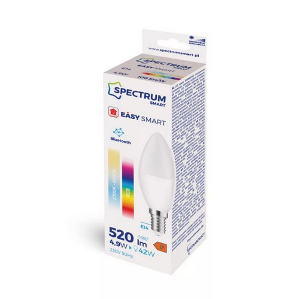 SpectrumLED Easy Smart 4,9W szabályozható, CCT, RGBW, bluetooth okos E14 LED gyertya izzó WOJ14629