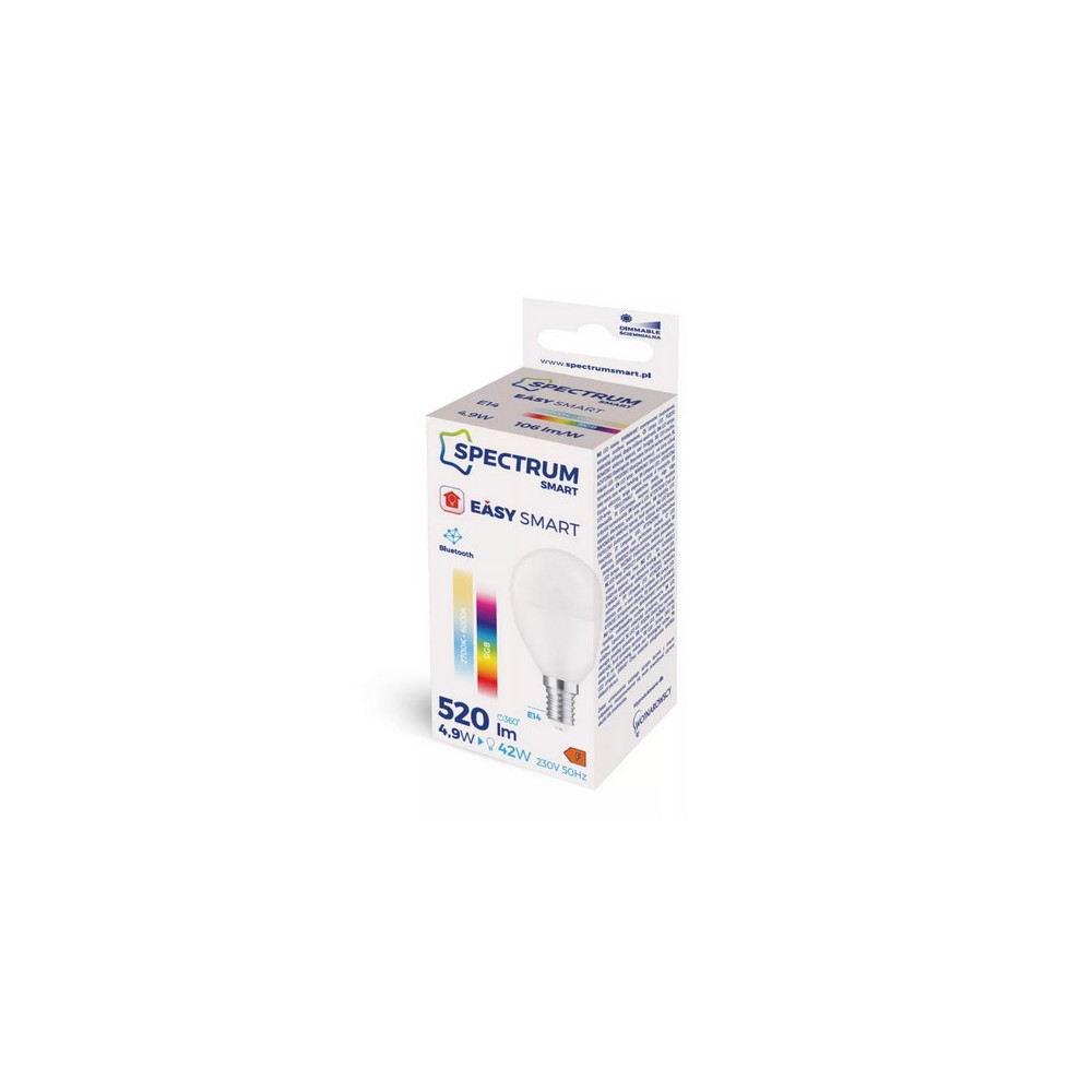 SpectrumLED Easy Smart 4,9W szabályozható, CCT, RGBW, bluetooth okos E14 LED kisgömb izzó WOJ14630