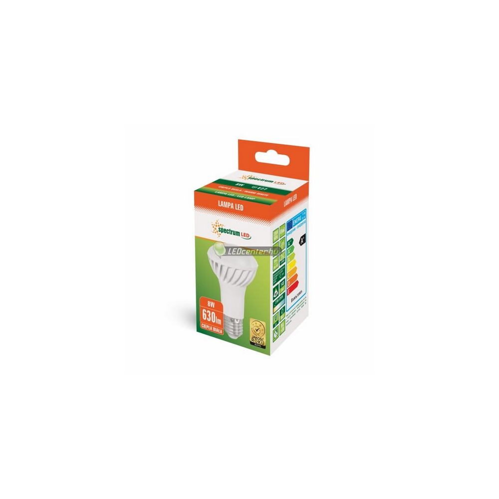 e27_8w_r63_630_lumen_led_reflektorizzo_mf_doboz.jpg SpectrumLED R63 8W 630 lumen E27 LED reflektorizzó, melegfehér 2évG WOJ13990