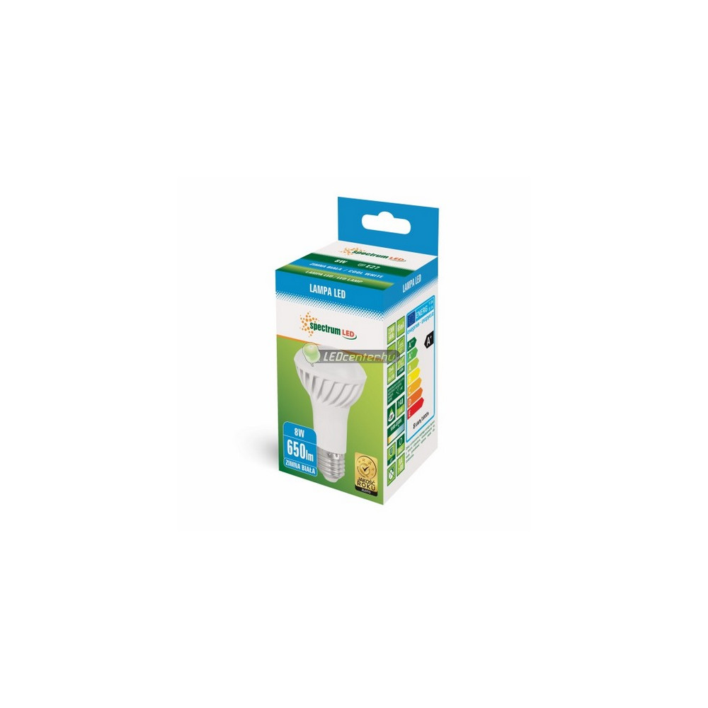 e27_8w_r63_640_lumen_led_reflektorizzo_hf_doboz.jpg R63 LED reflektorizzó SpectrumLED E27 hidegfehér doboz csomagolás