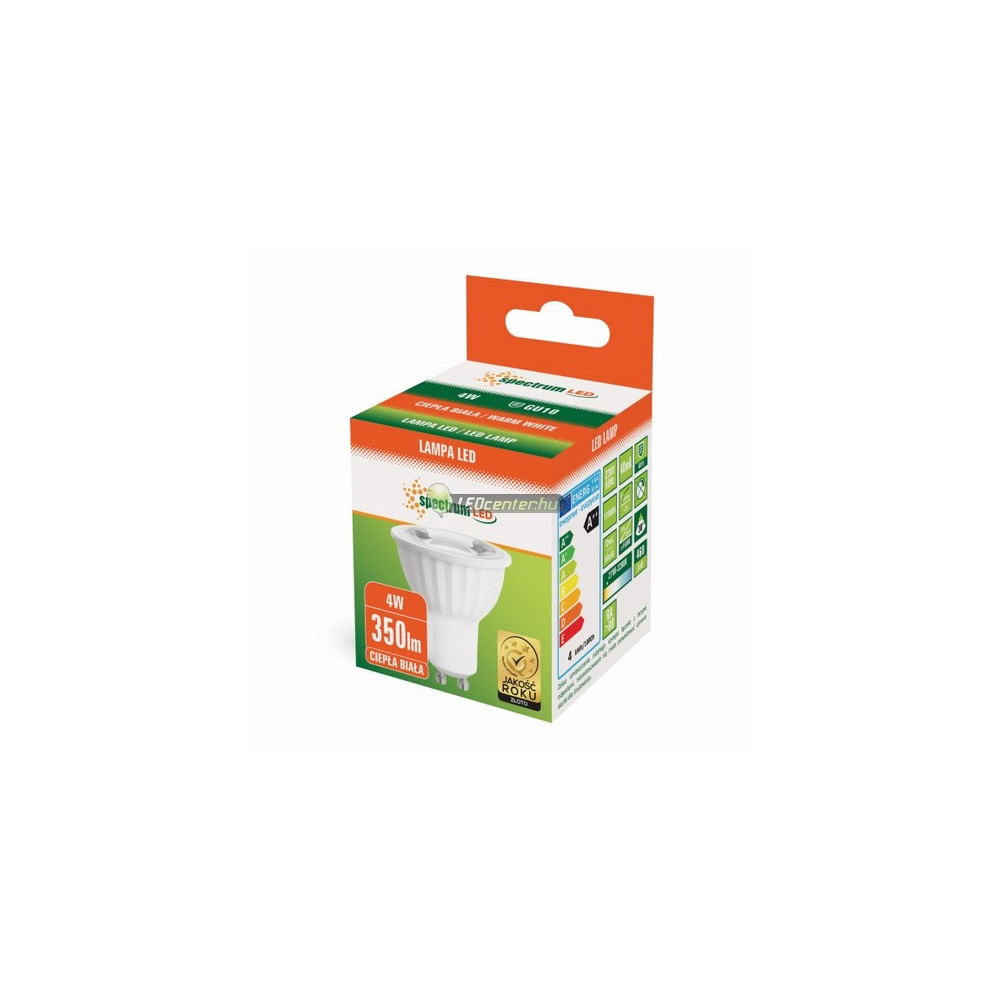 gu10_4w_38f_led_szpot_mf_doboz.jpg SpectrumLED 4W 38° GU10/230V 350 lumen LED szpot izzó melegfehér WOJ14089_55ST
